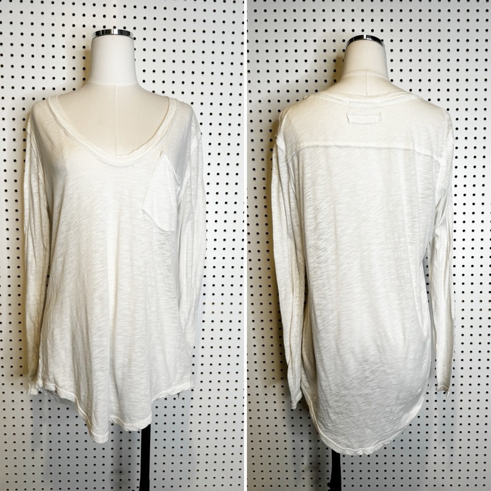 Free People | Long Sleeve White Pocket Tee w/ Scoop‎ Neck, Oversized Fit